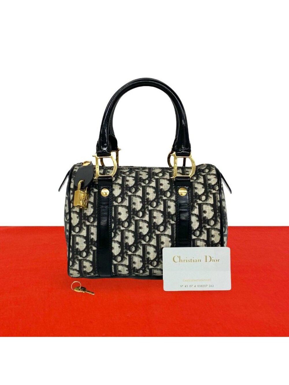 Dior Trotter Pattern Canvas Leather Mini Boston Bag Black